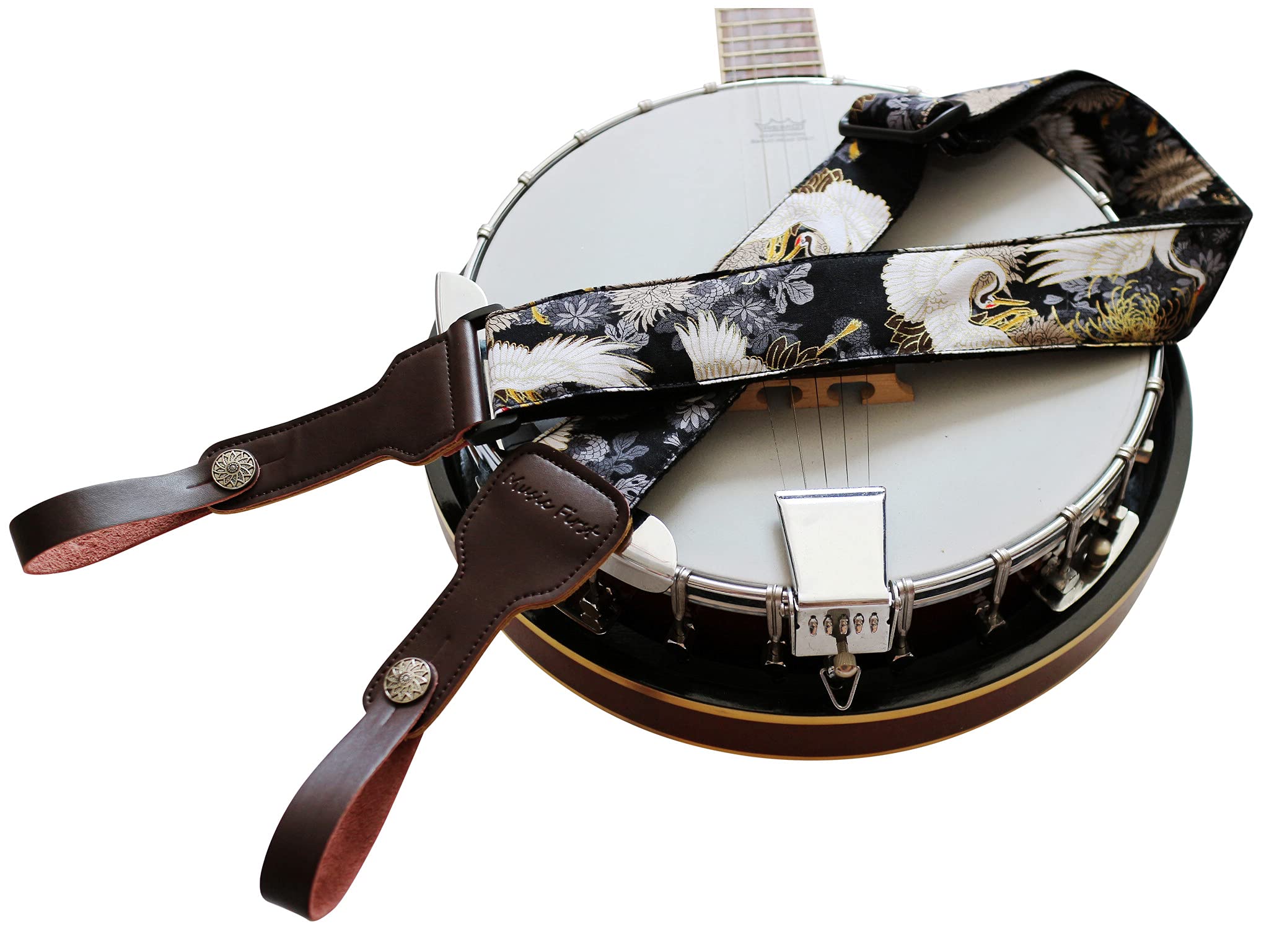 MUSIC FIRST, 2 inch width (5cm), Padded, Vintage Ukiyoe Style ''Chrysanthemum & Crane in Black '' Soft Muslin & Genuine Leather